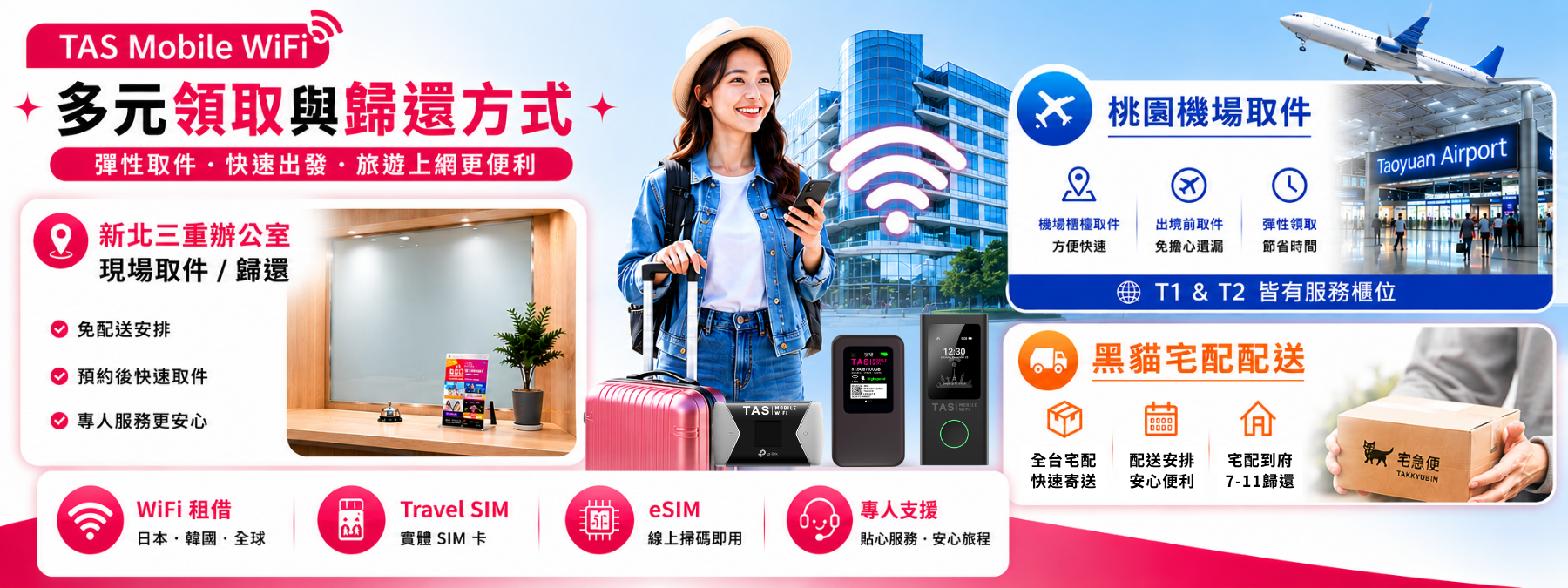 TAS Mobile WiFi 多元取件與歸還方式|辦公室取件、桃園機場領取、黑貓宅配與超商歸還服務